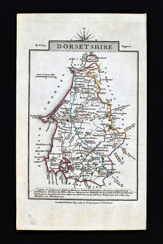 1814 John Cary Road Map Dorset shire Dorchester Portland Rock Weymouth England