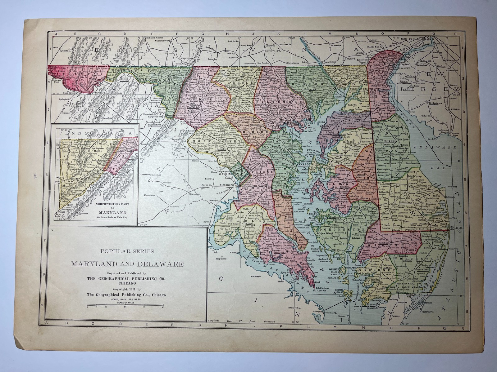 1911 MARYLAND & DELAWARE State Map fm 1911 New Census World Atlas SEE DESCRIP