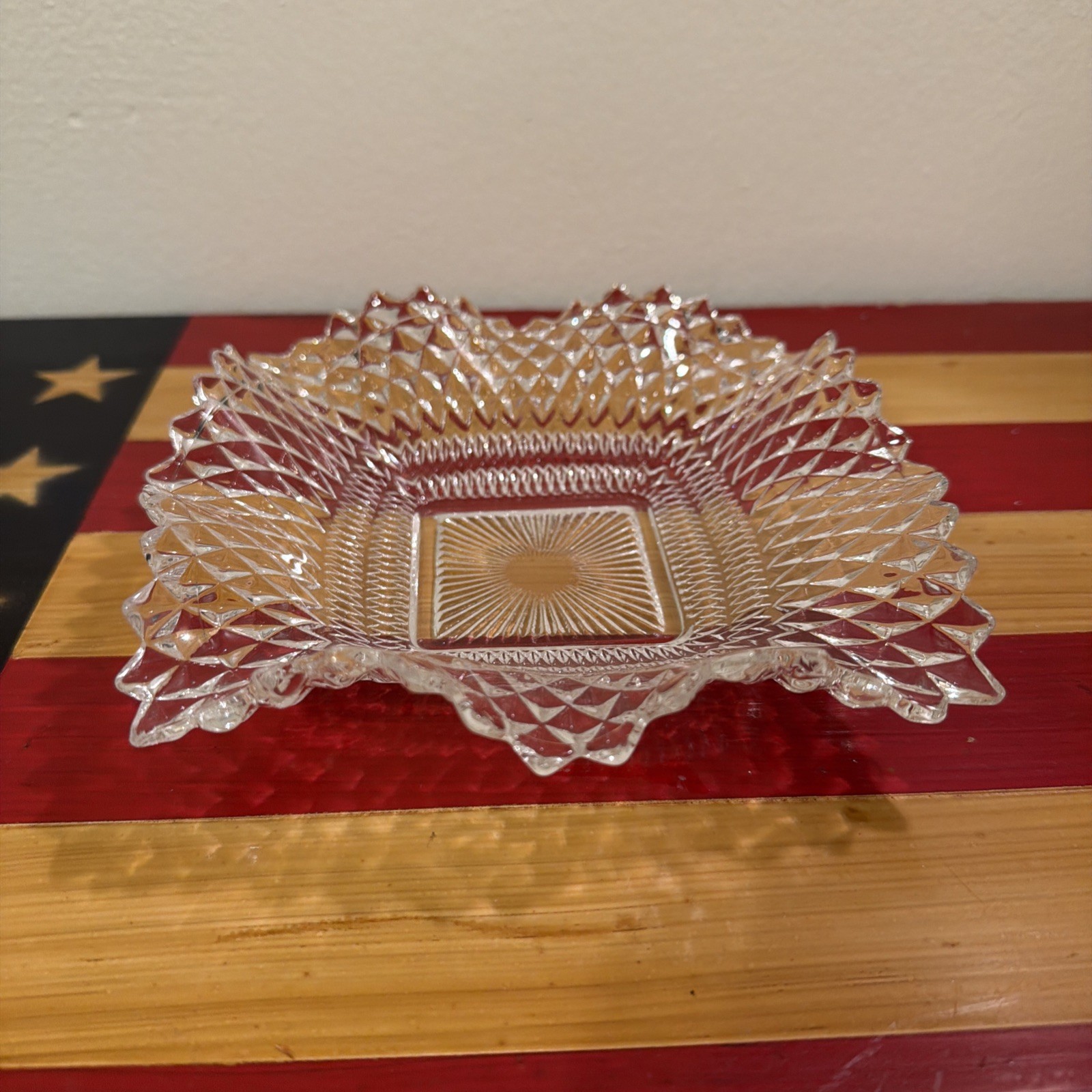 Vintage Indiana Glass Co. MCM Clear P/Square/Ruffled/Diamond Point/Candy Dish