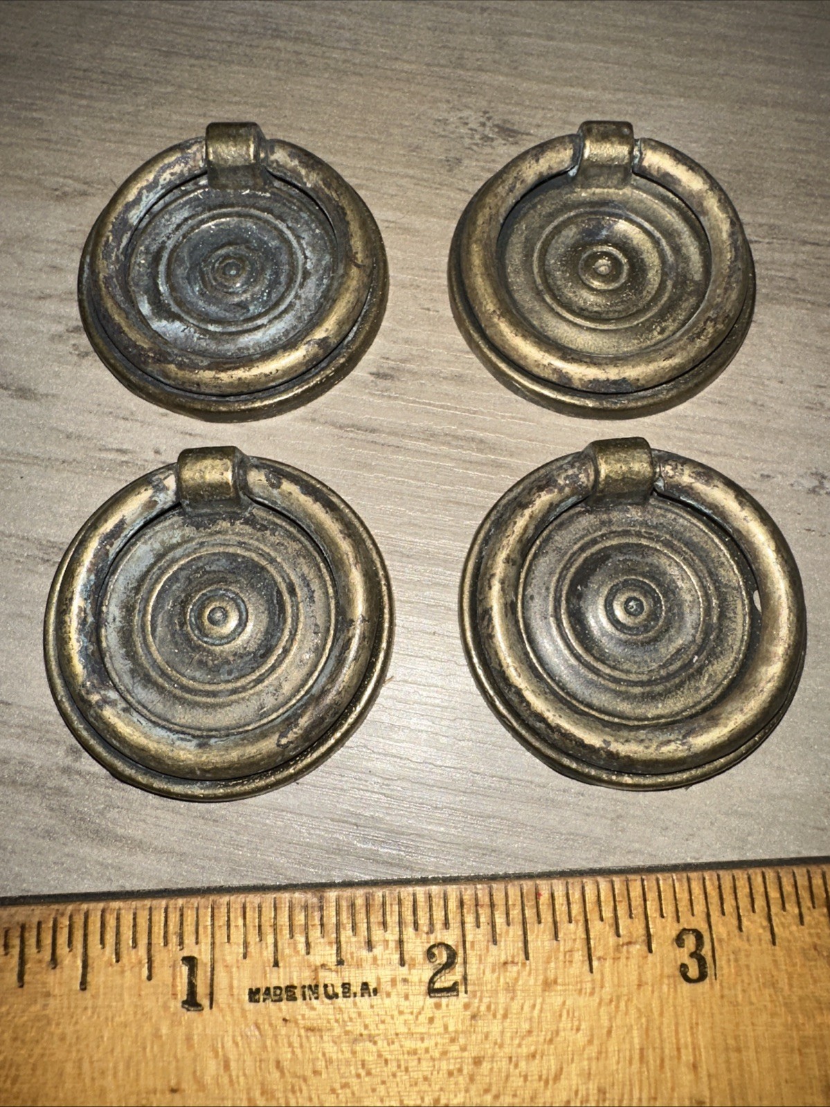 4 Brass Antique Round Drawer Pulls Drop Handles Nice Patina! Bureau Cabinet Etc.