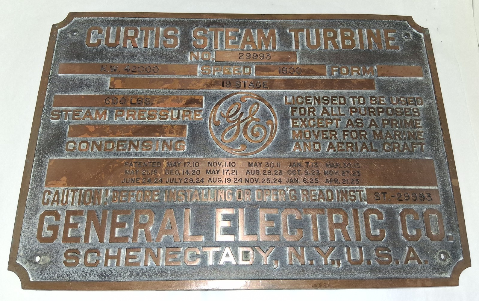 Curtis Steam Turbine General Electric Co Heavy Brass Plaque/Sign – Vintage Rare