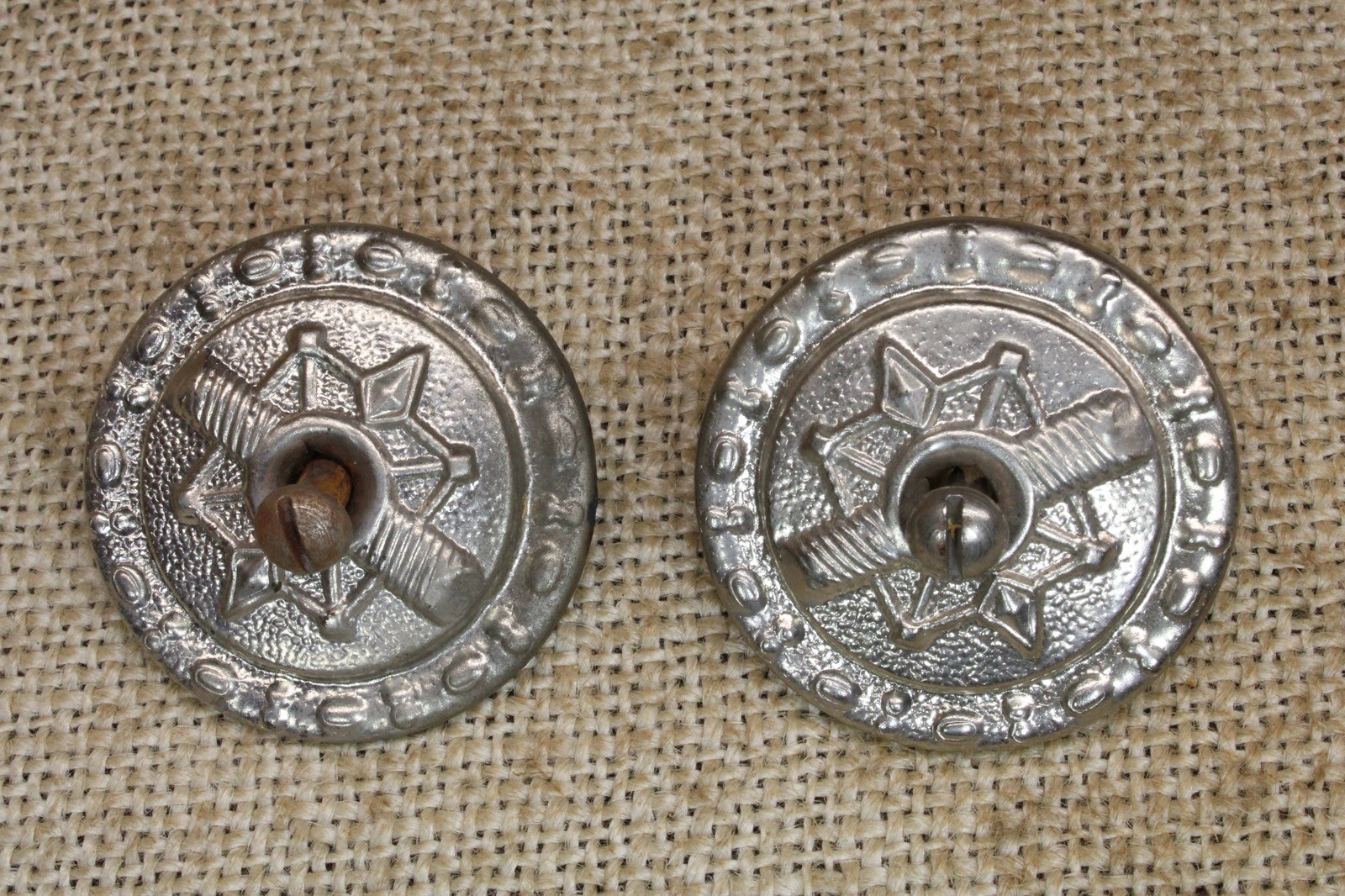 2 Old Stair Carpet Runner Buttons Nickel On Brass Victorian Rosettes Washers