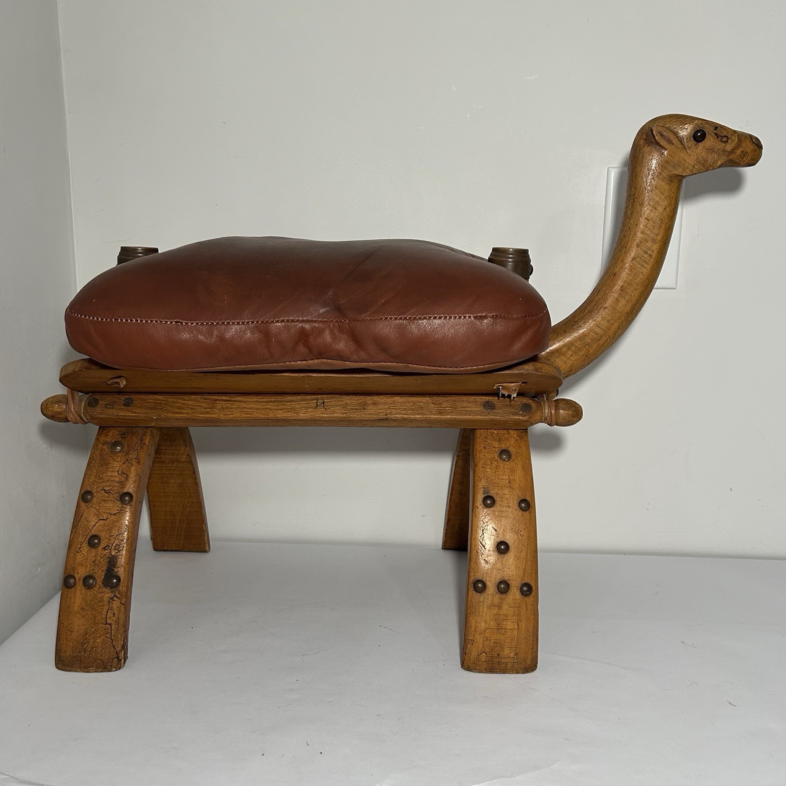 Vintage 1960’s Hand Carved, CAMEL HEAD POMMEL SADDLE FOOT STOOL, Wood, Padded