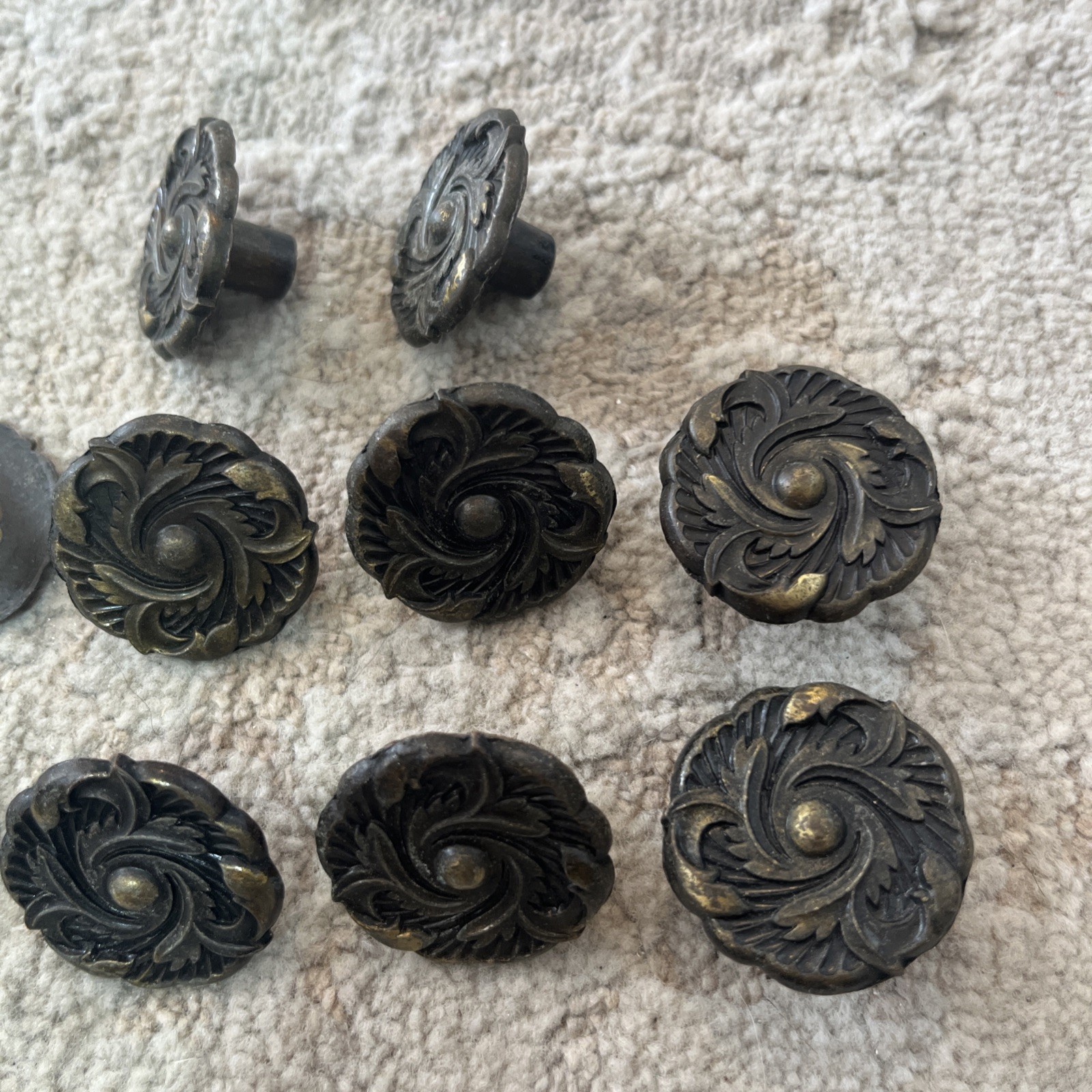 Vintage Ornate Brass Drawer, Knobs , 1 1/4” diameter Hardware Set of 10