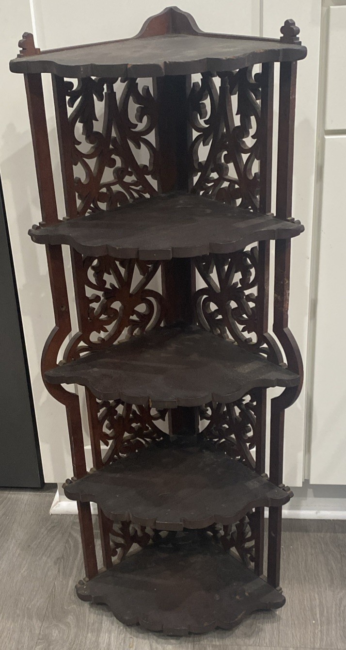 Antique Victorian Fretwork Carved Corner Wall Hanging / Standing Shelf 5 Tier