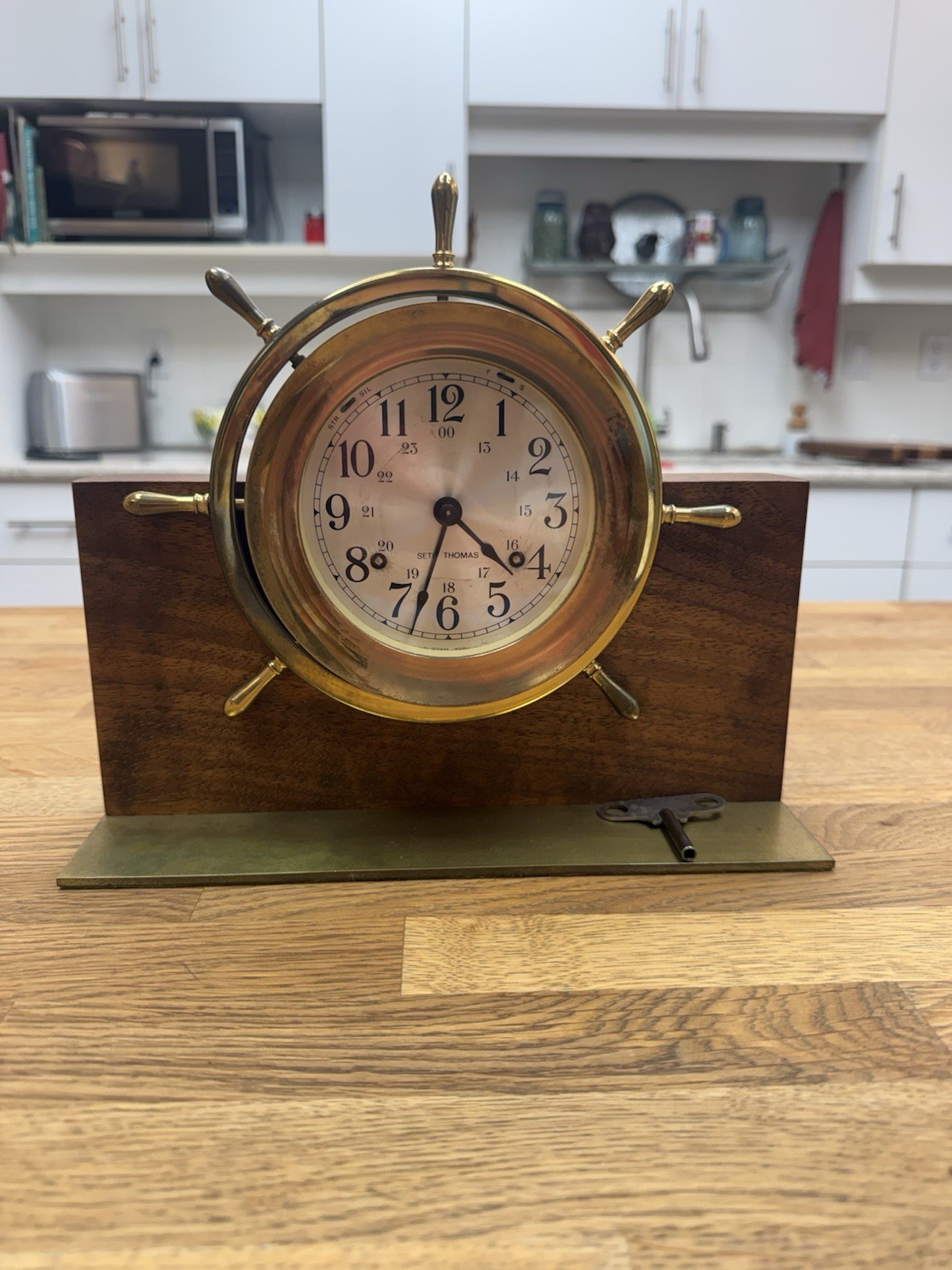 Seth Thomas Helmsman Ship’s Wheel Clock Brass & Wood WWII British Merchant Navy