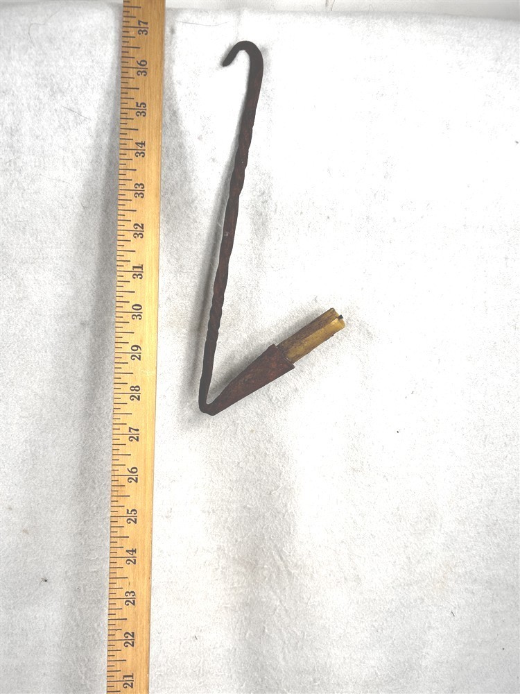 antique candle holder forged iron hanging “loom light” 10 in. long w/candle 18th