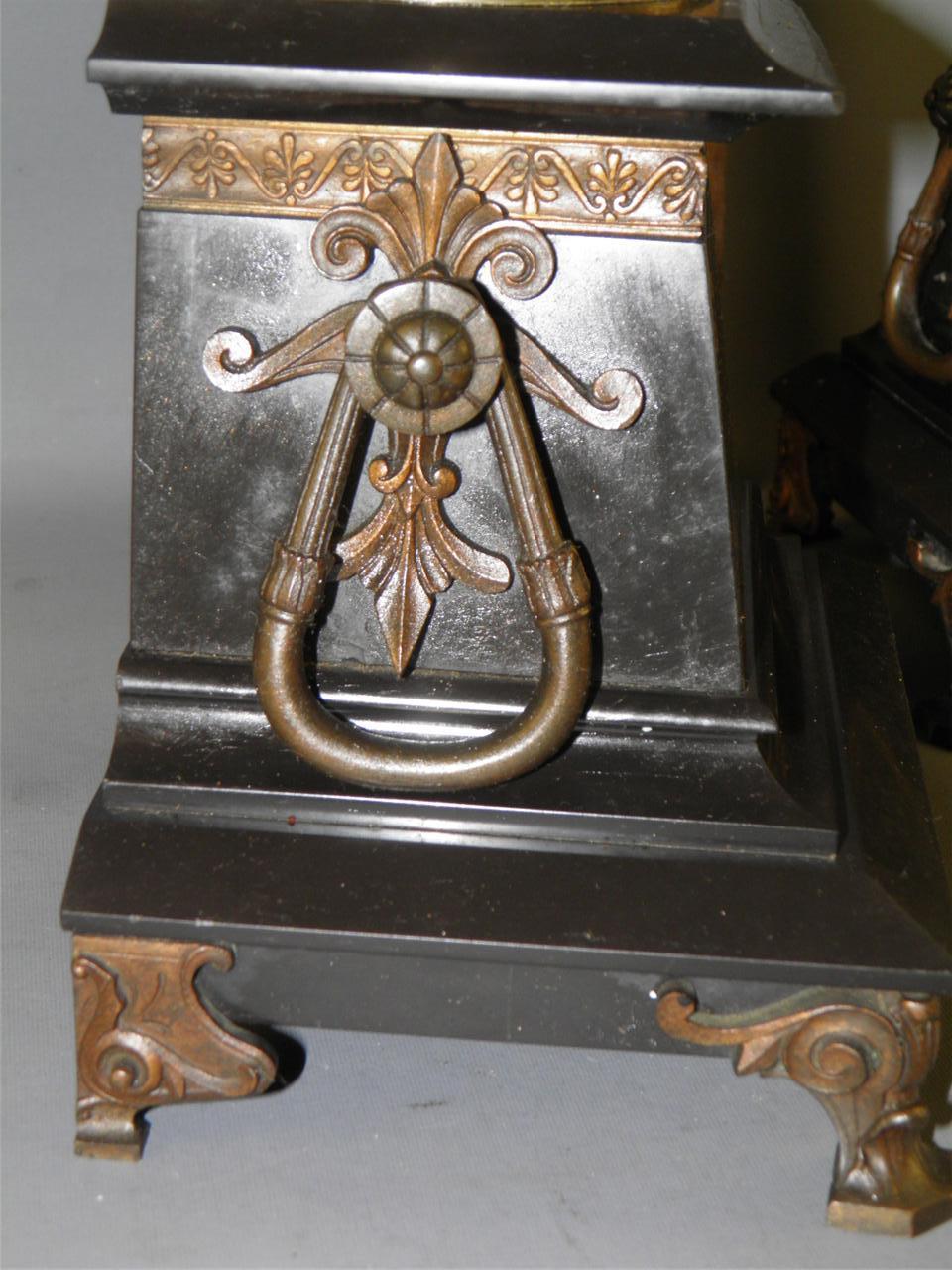 ANTIQUE FRENCH VICTORIAN AESTHETIC FIGURAL BRONZE BLACK MARBLE GARNITURES URNS