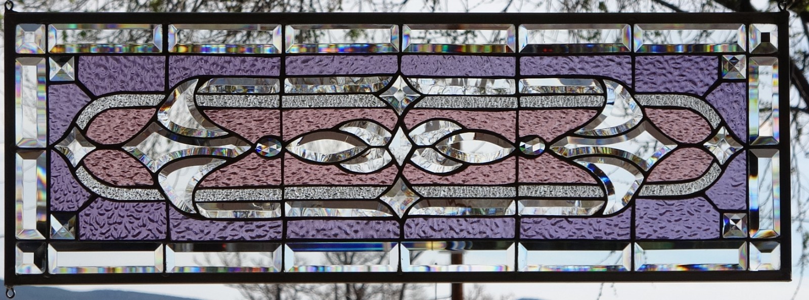 Stained Glass Transom window HANGING PANEL 34 1/2 X 12 3/4 incl hooks