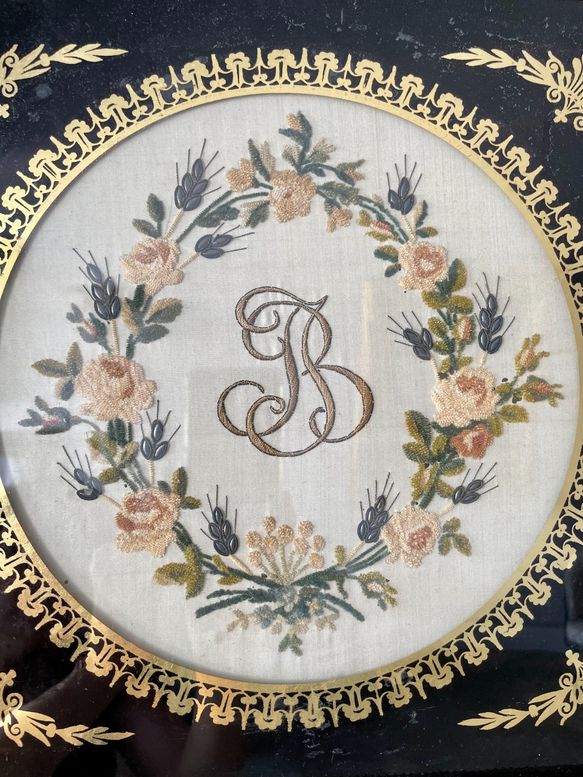 French Antique Silk Embroidered Initials and Floral Wreath in Giltwood Frame