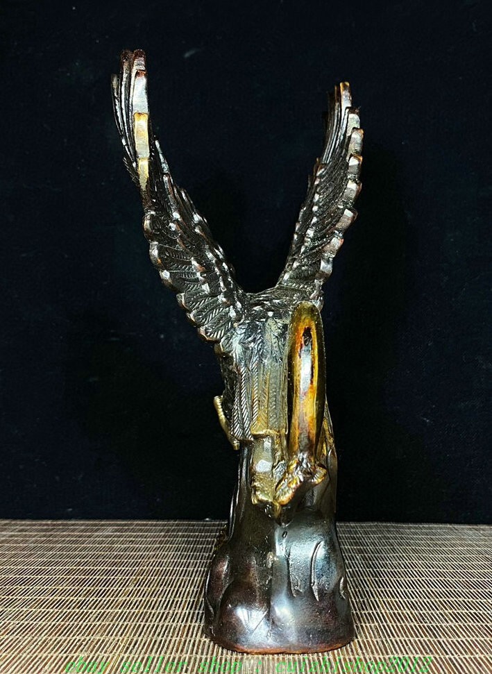 10″ Old Chinese Dynasty Marked Bronze Gilt Feng Shui Eagle Hawk Animal Statue