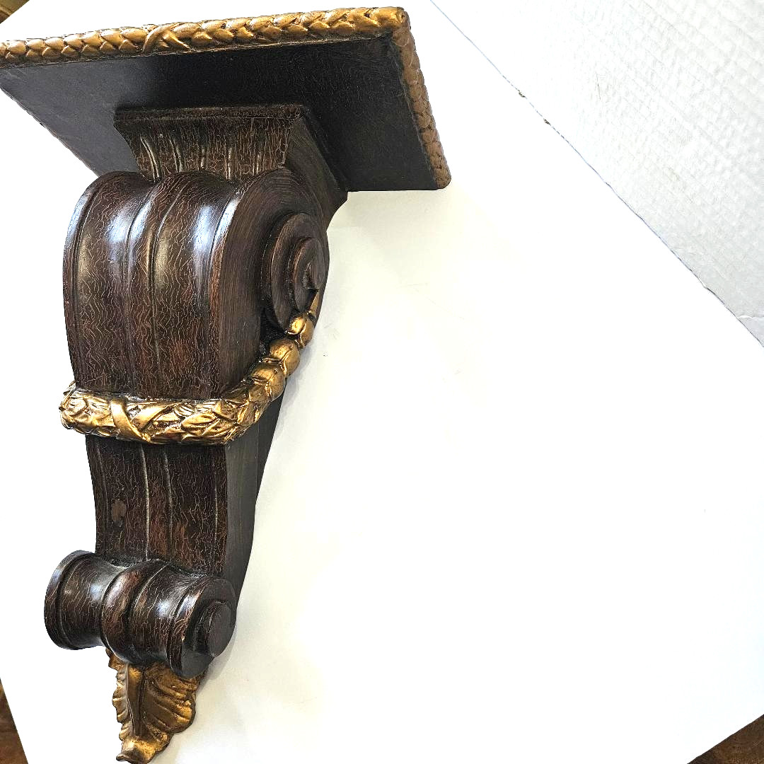 Rare Heavy Large Solid Mahogany Wood Corbel with Gold Color Rope Trim, Excellent