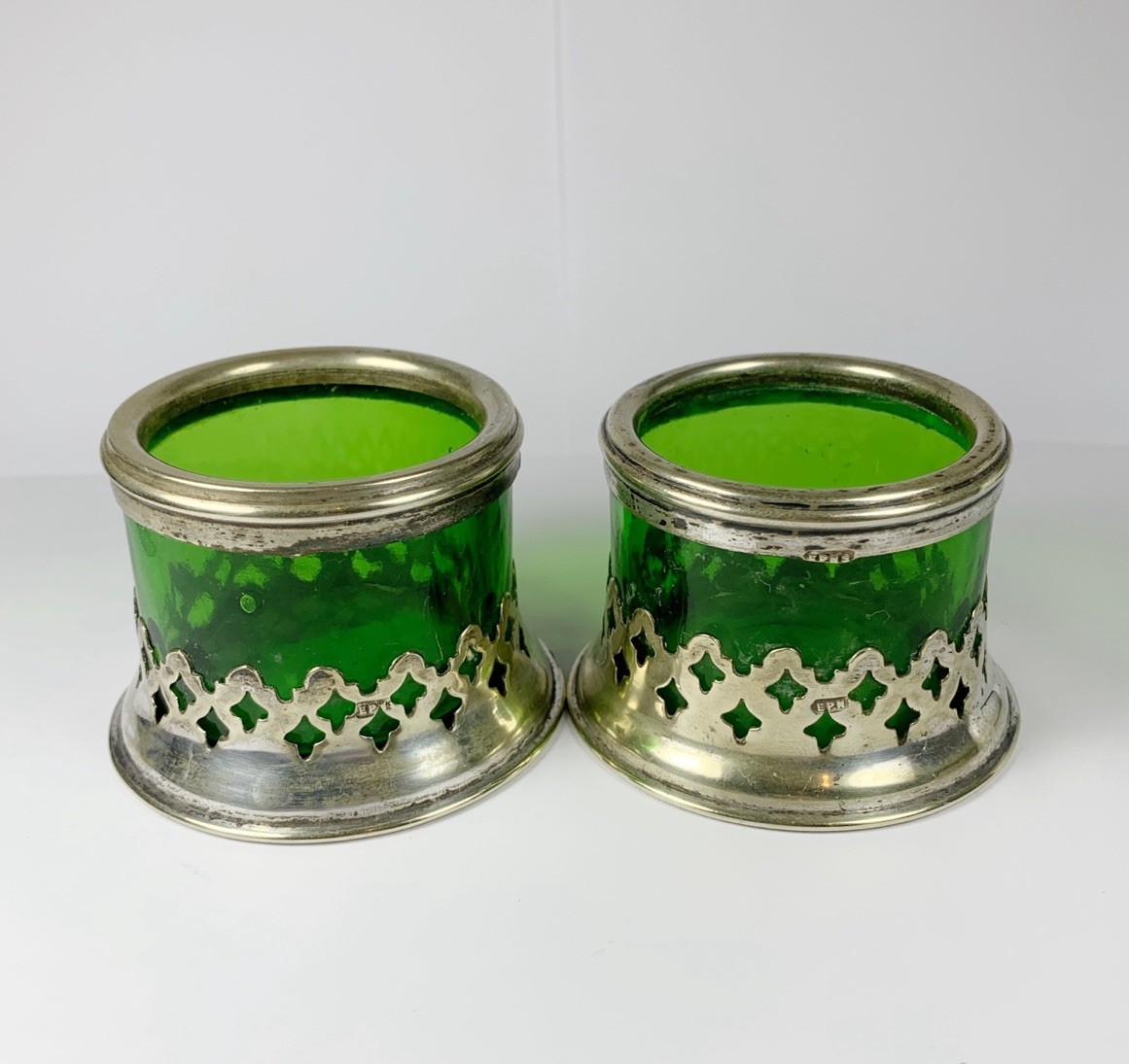 Victorian Silver Plated Openwork Salt Cellars c1850 Green Glass Gothic Revival