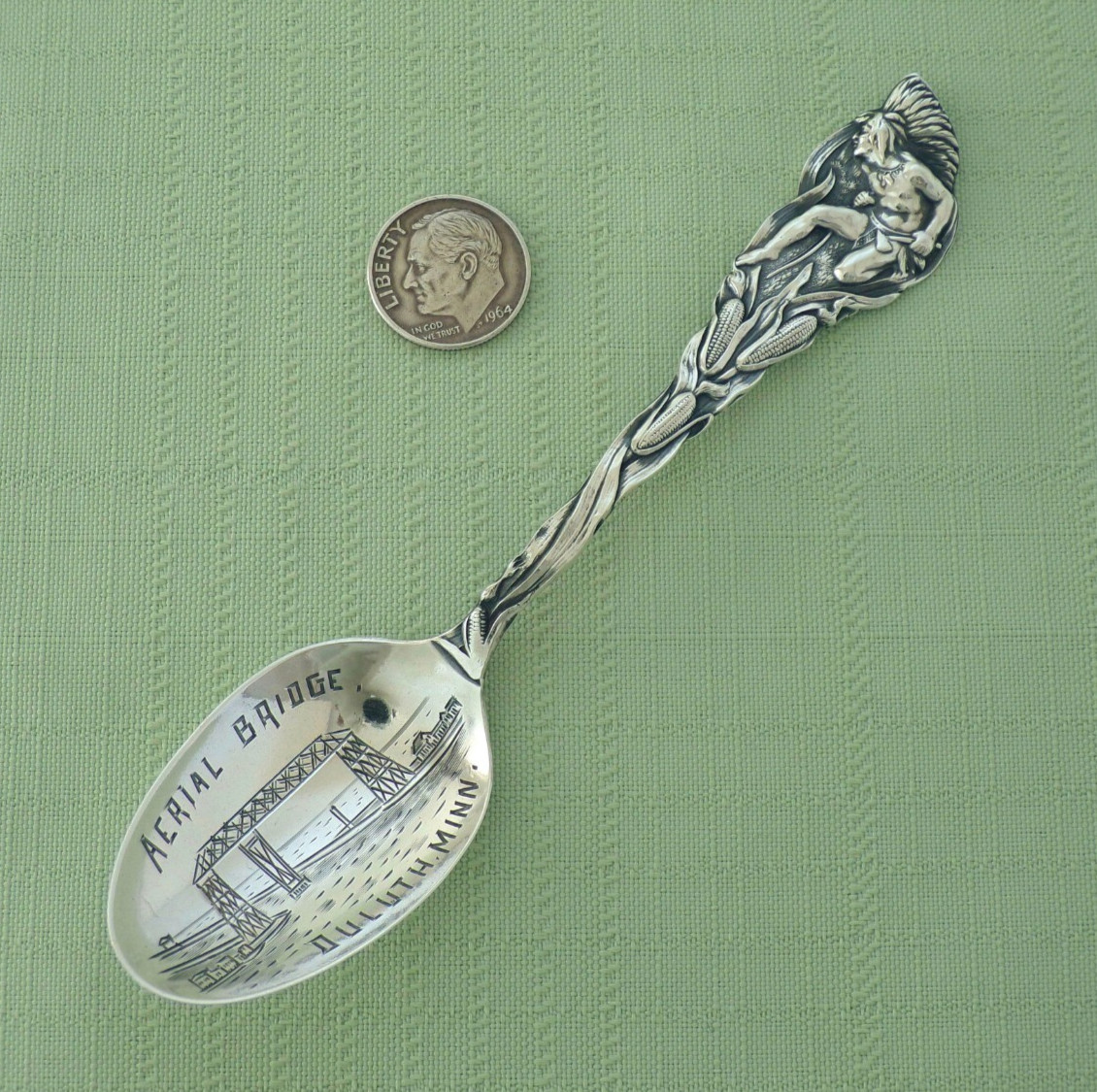 SSMC Sterling SOUVENIR Spoon Engraved AERIAL BRIDGE Duluth INDIAN Brave CORN