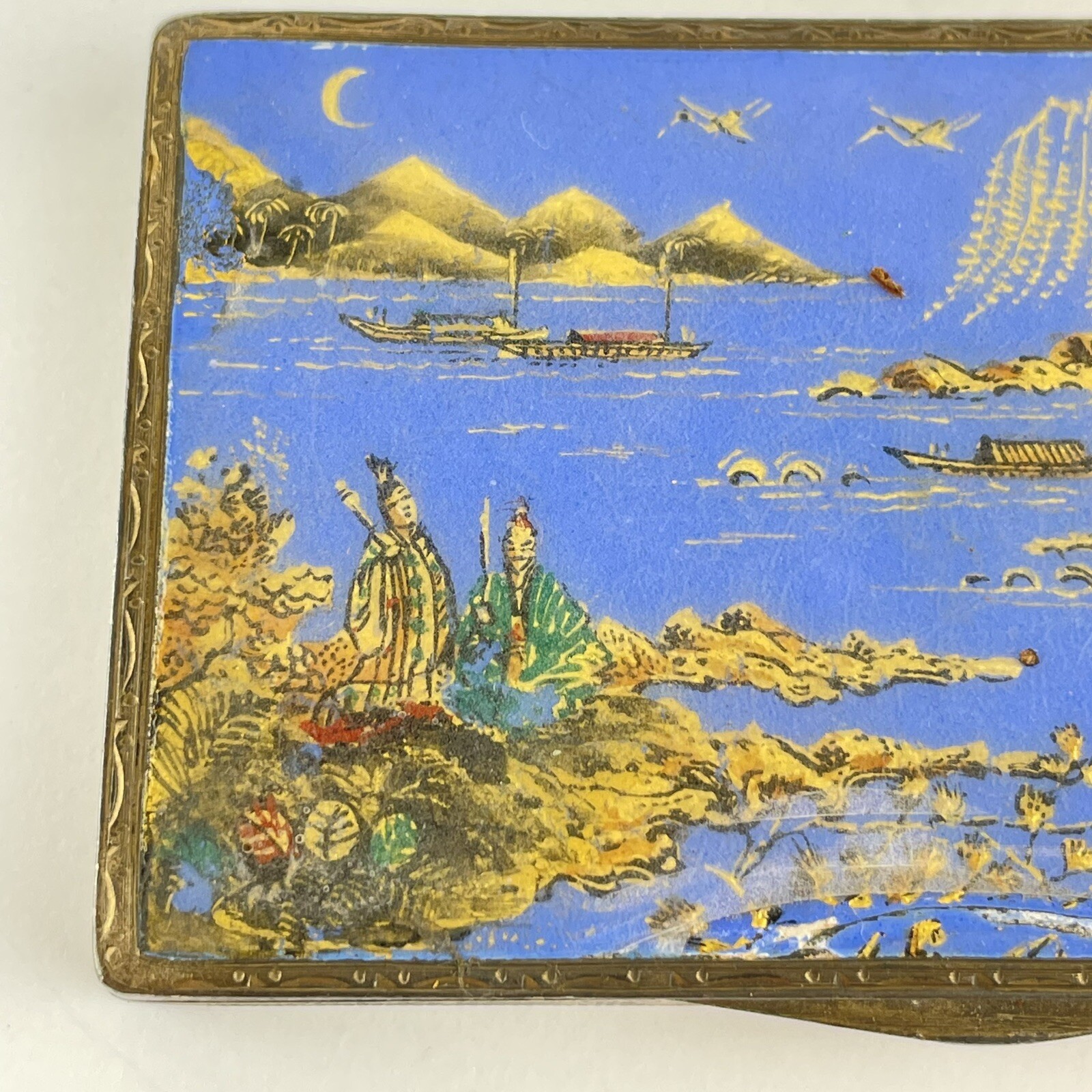 Antique Solid Silver Blue Enamel Asian Scene Snuff Box Henry Clifford Davis 1926
