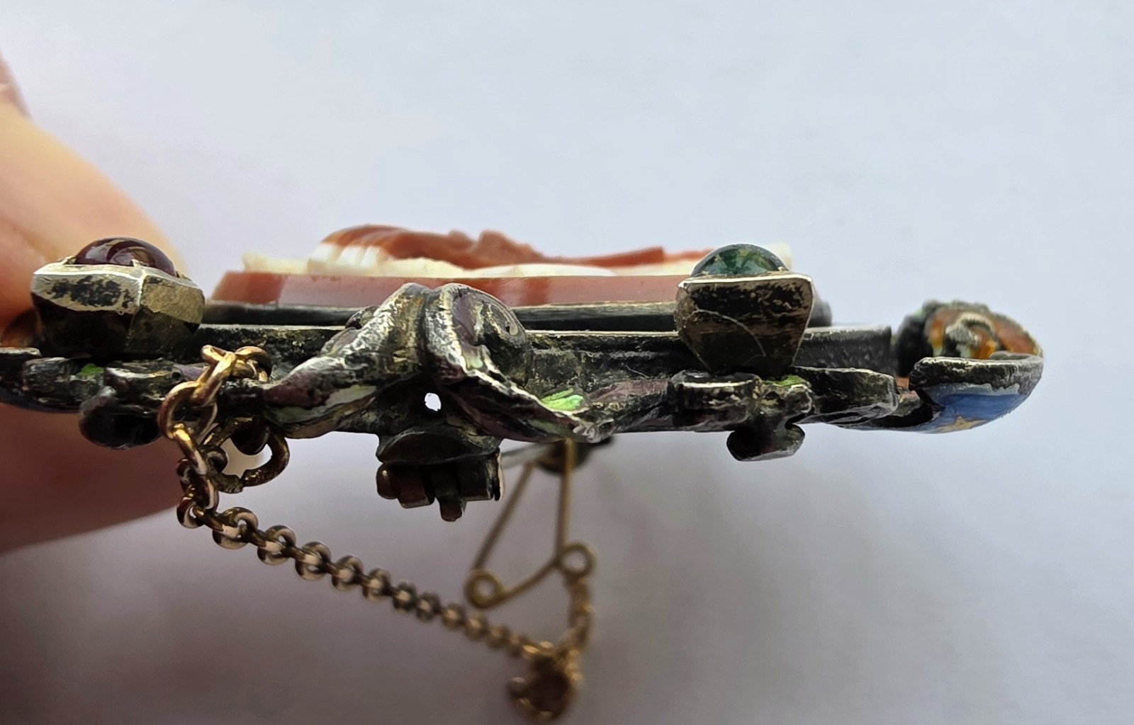 Unusual 19thc Sardonyx hardstone cameo and enamel brooch