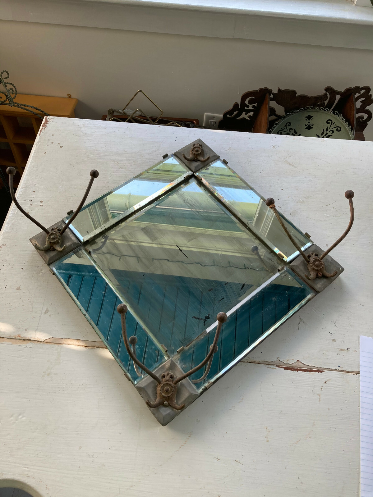 Man Cave Beveled Glass Mirror with Coat Hooks – Antique Victorian-Bar