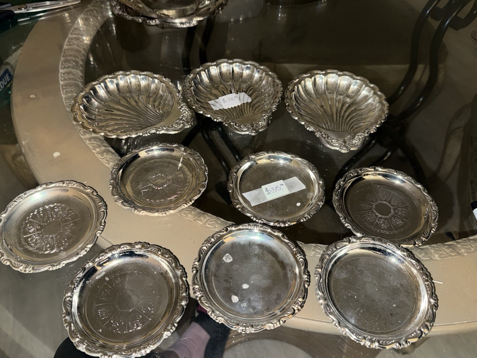 Antique US Silver-Plated Dishes & Coasters Set, Ornate Antique Ornate Design