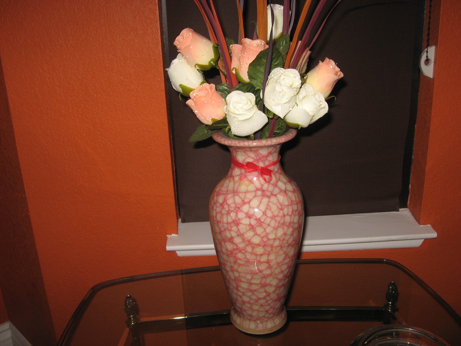 CHINESE SIGNED ICE CRACKLE GLAZE 13’T HOT PINK/BEIGE PORCELAIN HEAVY/THICK VASE
