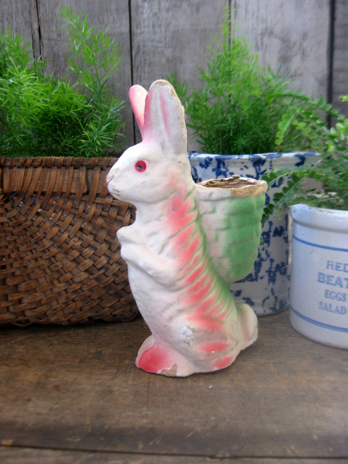 Antique 1940s Pulp Papier Mache Easter Rabbit w Basket Candy Container