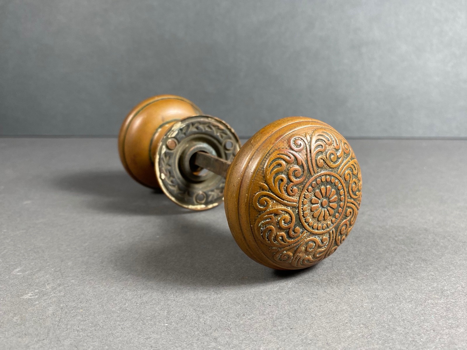 Antique Pair of Eastlake, Bronze Victorian Door Knobs, Rosette, Floral 1890s