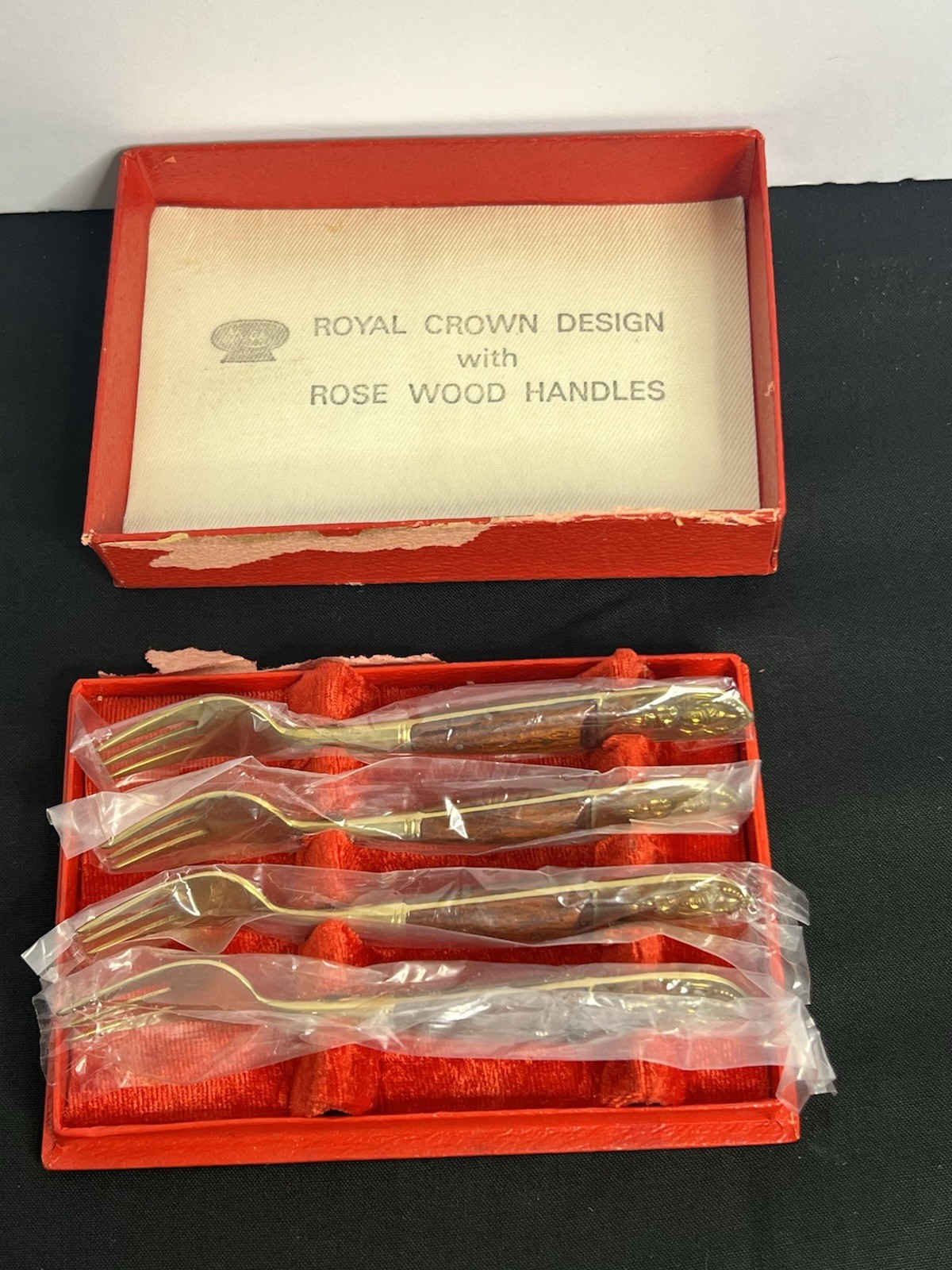 New Vintage Thai Dancer 5” Cocktail Forks Royal Crown Design Rose Wood Handles