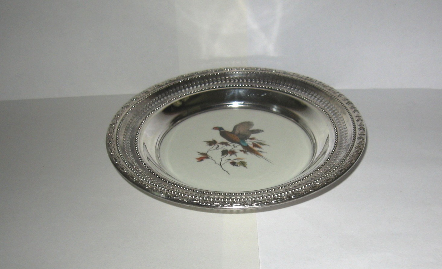 Antique Frank M. Whiting Pierced Sterling Dish Pheasant Hand Colored On China