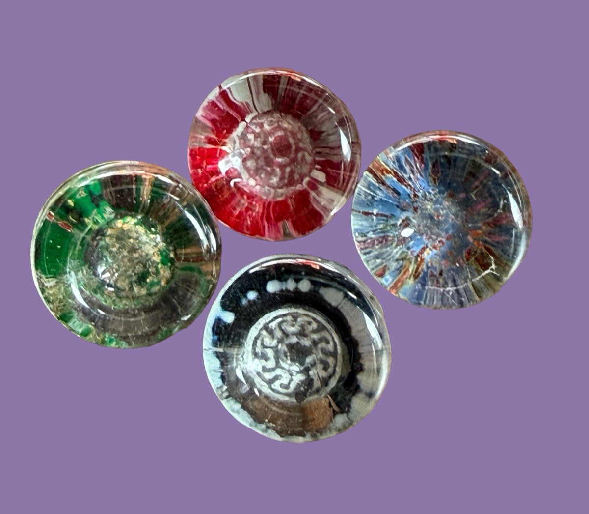 4- 19th century Glass Kaleidoscope Buttons with metal backs 9/16″ FREE SHIPPING