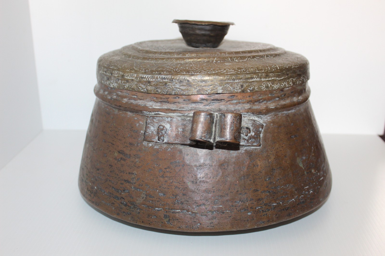 Hand Hammered Copper Pot with Engraved Brass Lid Middle Eastern Islamic