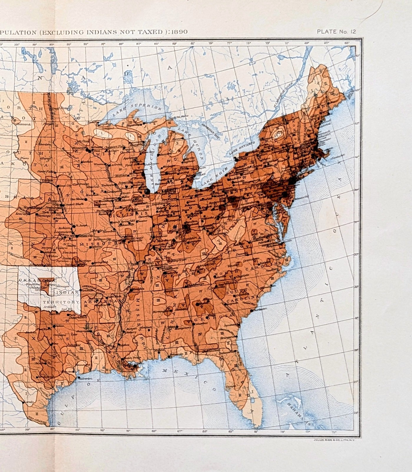 1890 United States Population Excluding Indians Not Taxed MAP – Original –