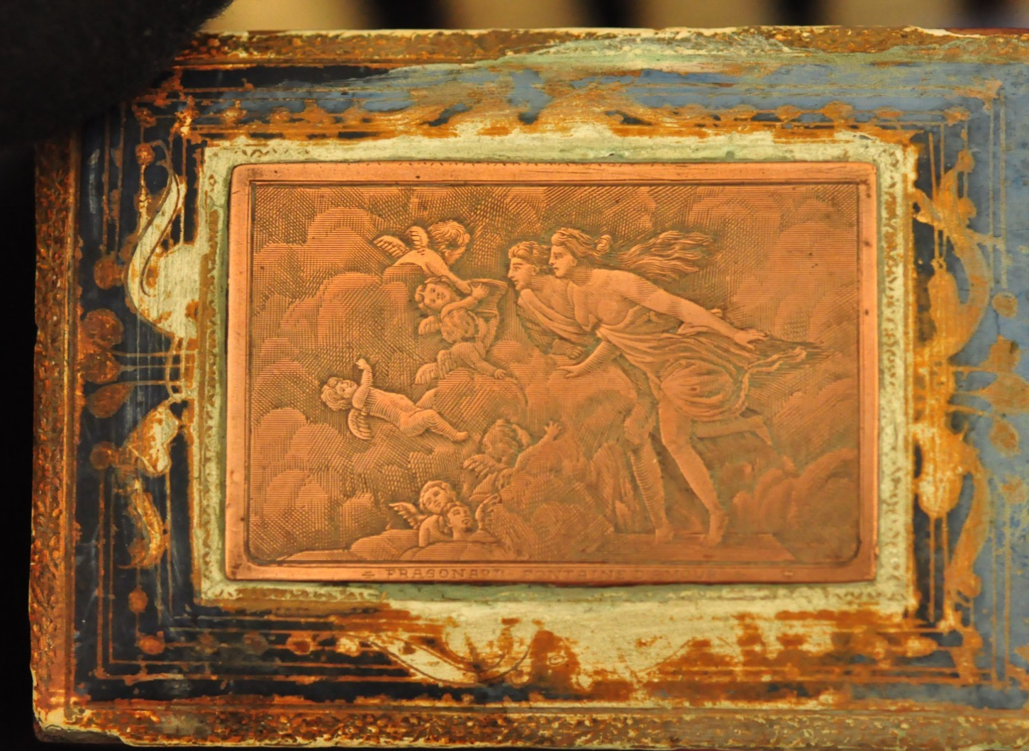 – Vintage Italian Copper Intaglio Plate Box — Fragonard Scene — 4×3″ Italy Made!