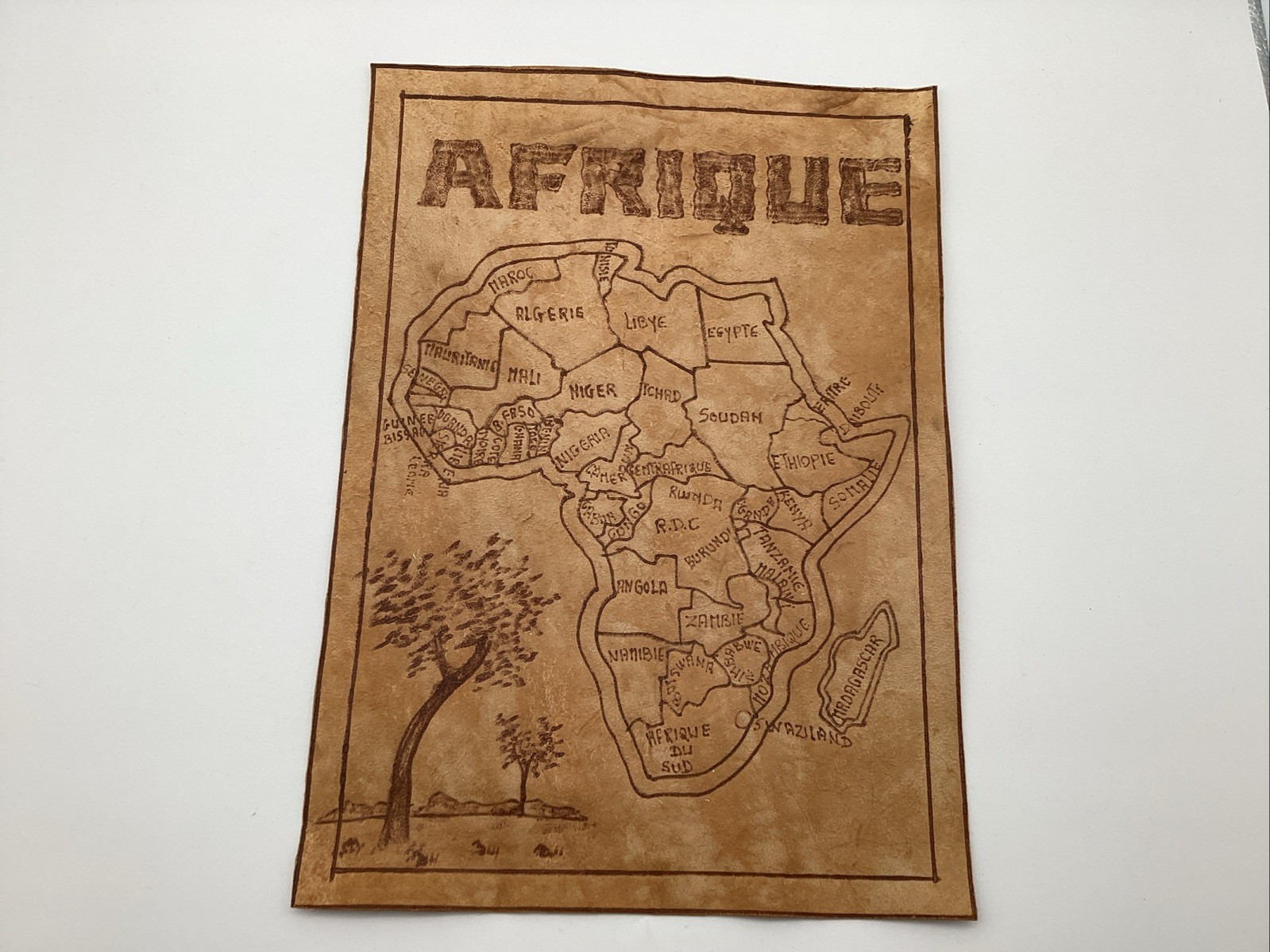 Decorative Map Of Africa With French Country Names And Tree Motif 14”x10”