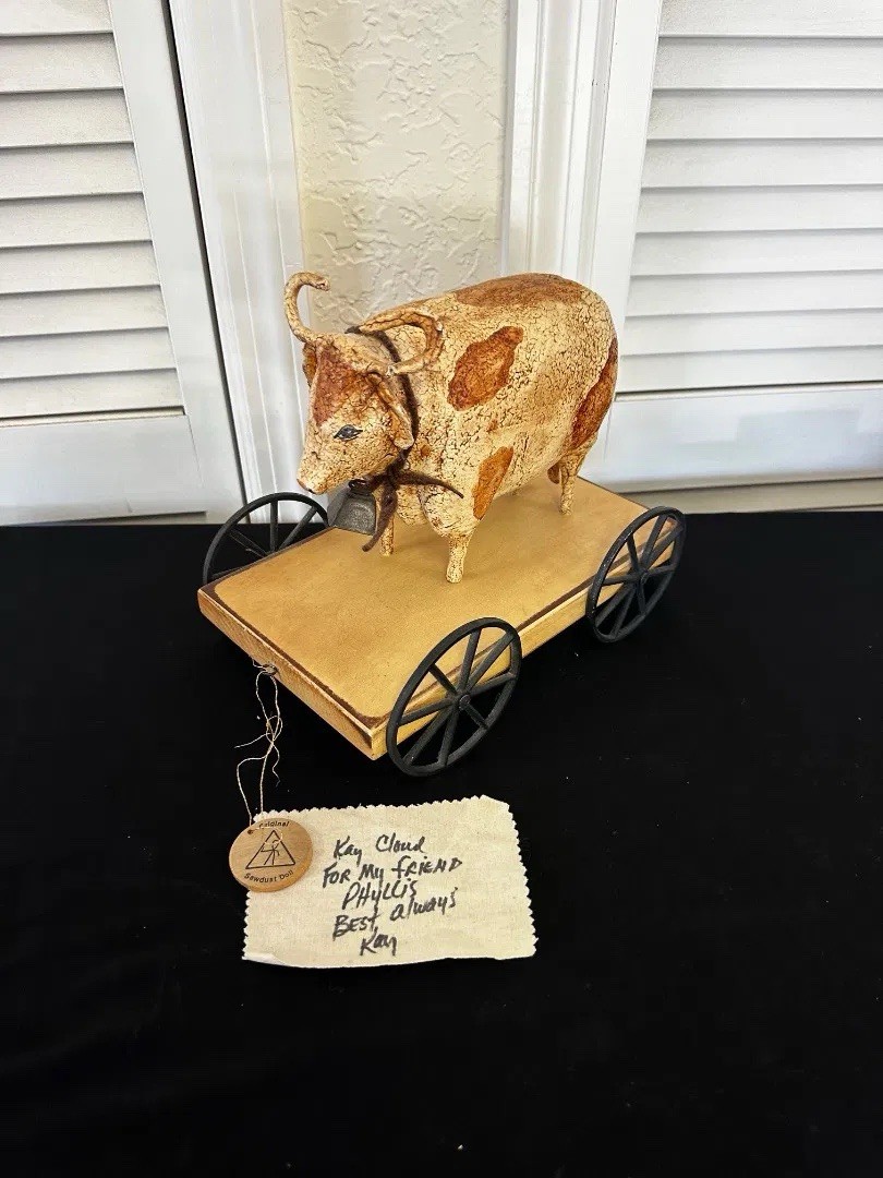 Rare Vintage Kay Cloud Ozark Folk Art Sawdust Clay Cow Bull Ox Pull Toy & Note