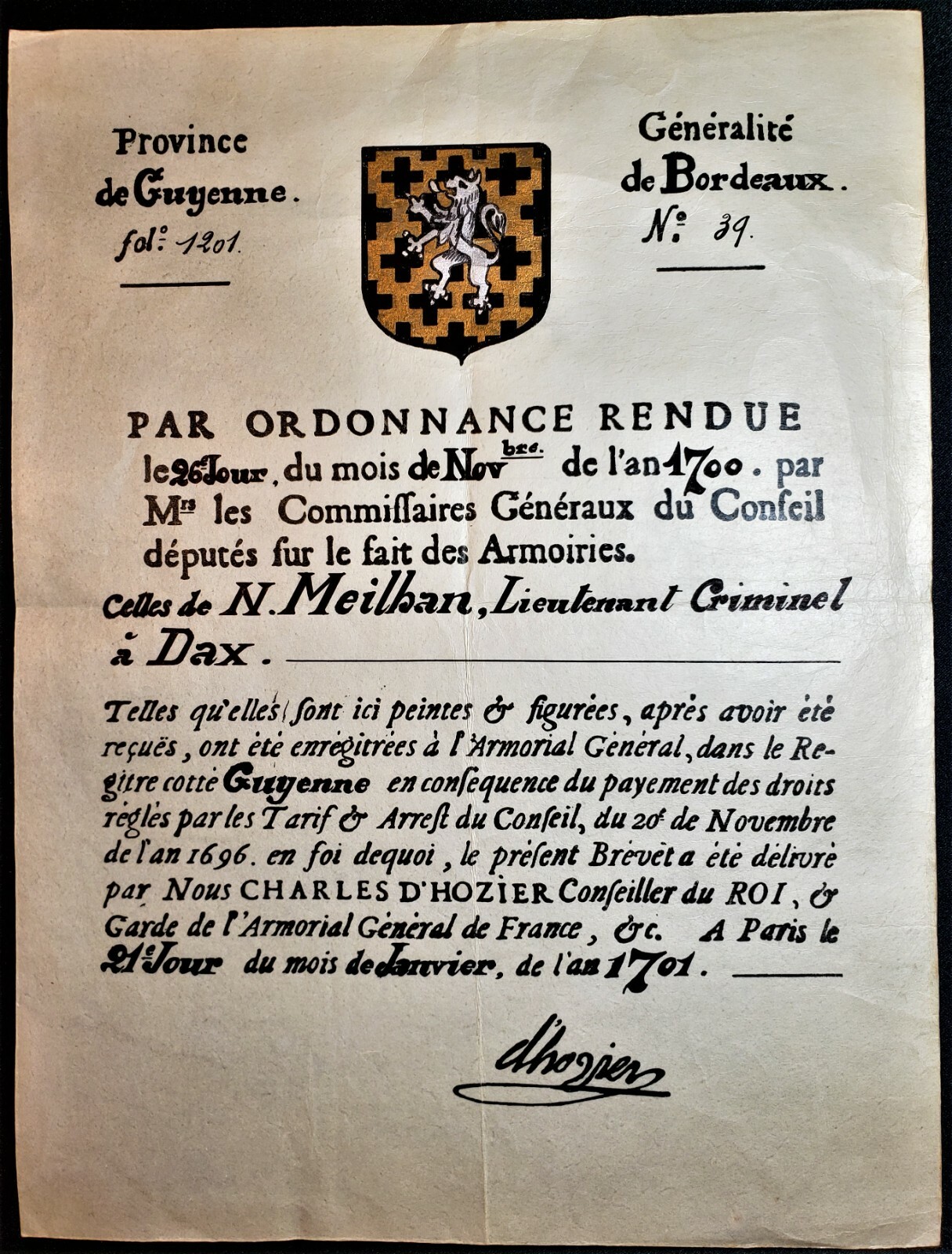 PROOF OF NOBILITY PARCHMENT 1700 Awarded by Charles d’Hozier Advisor to the King