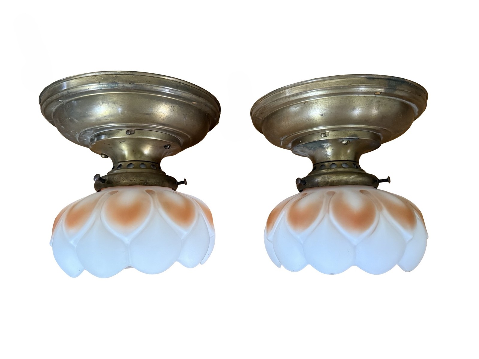 VL1351 Pair Antique c1915 Semi Flush Mount Lights Lotus Flower Shades Restored