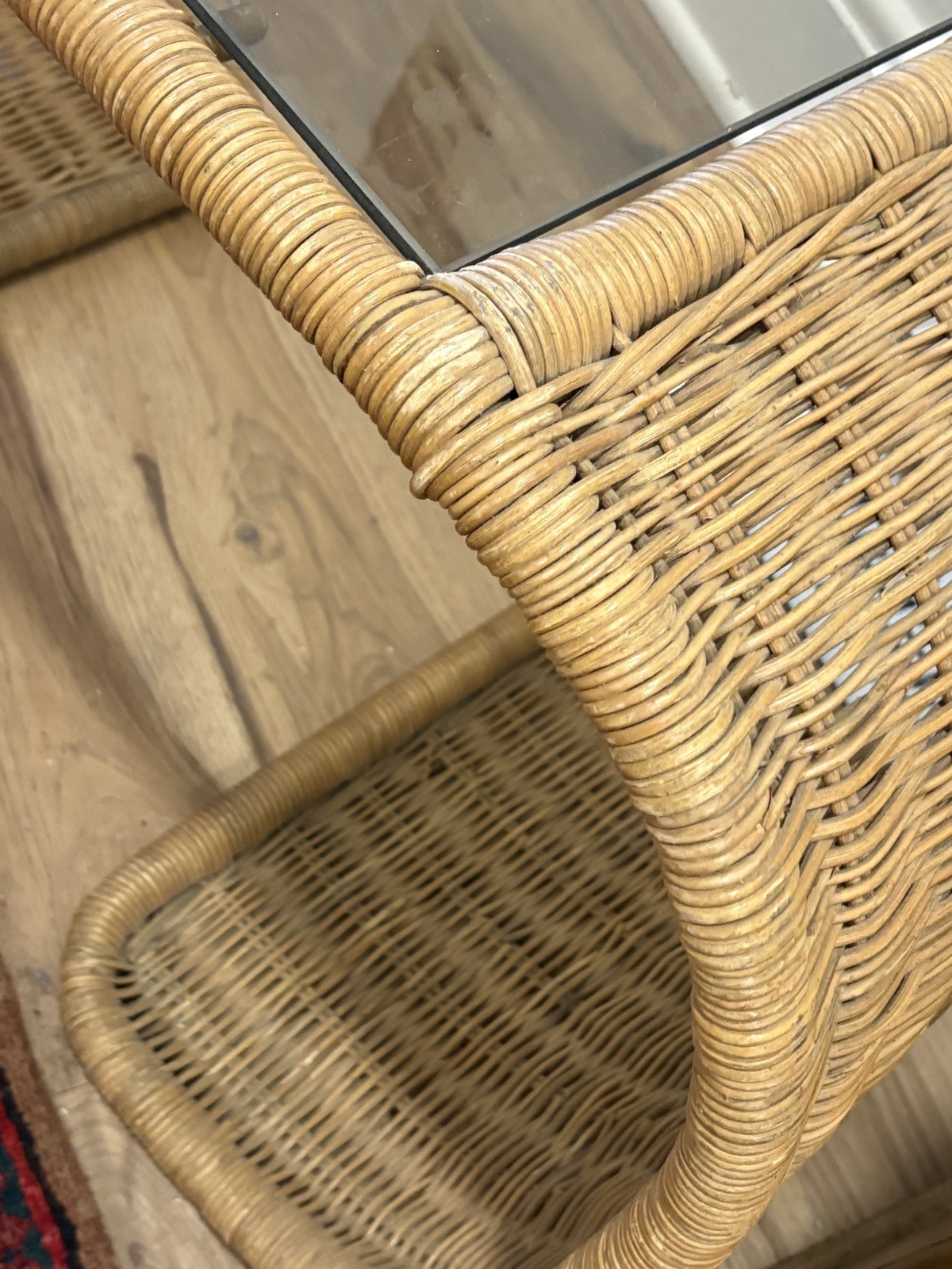 Pair Modern 1970s Wicker Waterfall Tables With Smoked Glass Tops MCM