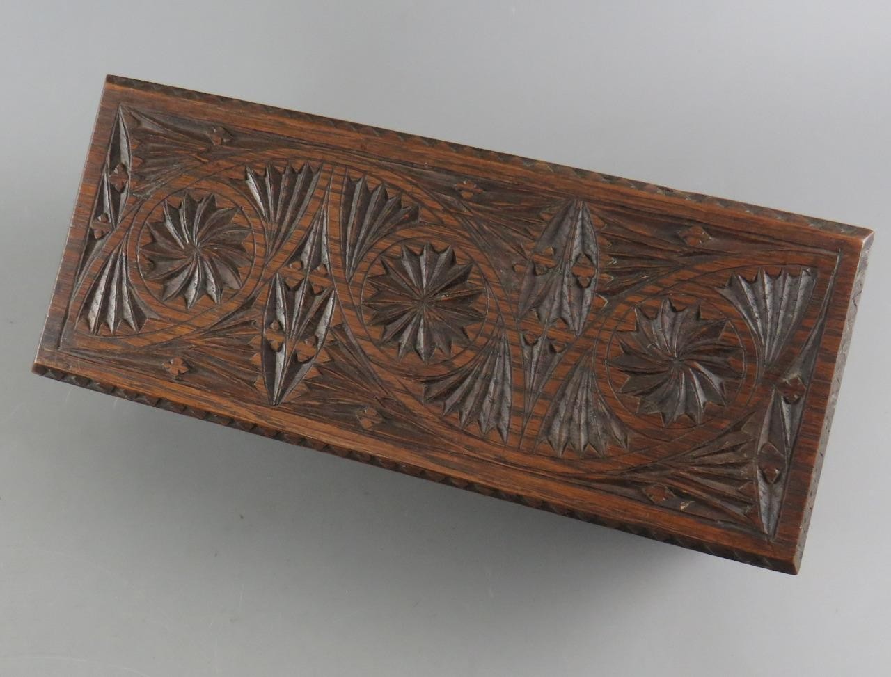 Antique 19th C. Solid Oak Chip Carved Rectangular Wooden Glove Box 12″