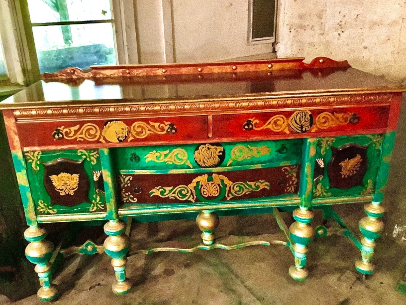 Antique Walnut Credenza “Carousel” 66” L x 40” tall x 21” deep