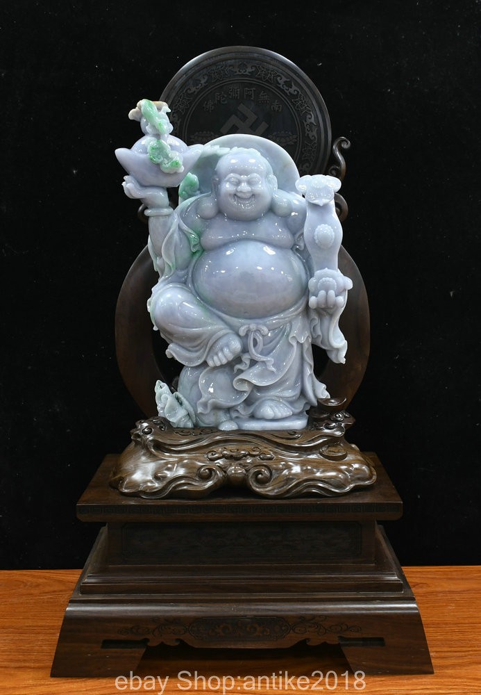25.8″ China Natural Emerald Jadeite Carved Yuanbao Ruyi Maitreya Buddha Statue