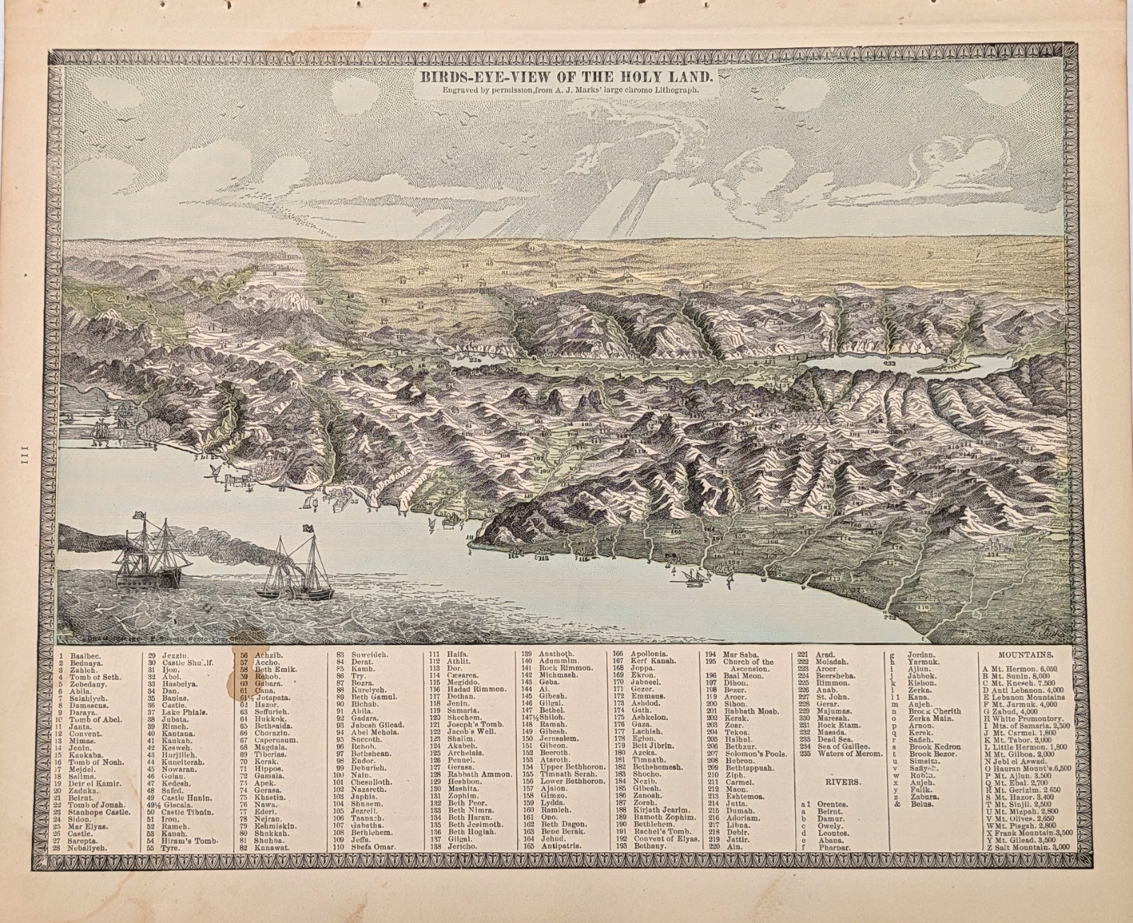 1892 HOLY LAND – BIRD’S EYE VIEW – ORIGINAL Map Jerusalem – Mt Carmel