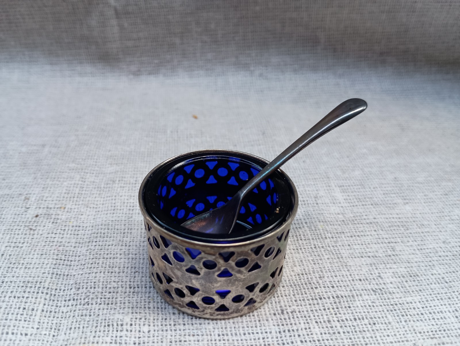 Antique Silver Plate & Cobalt Blue Glass Salt Cellar with Spoon EPNS England
