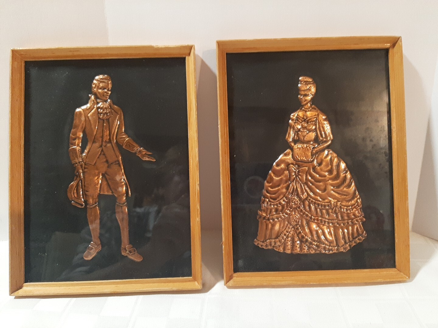 Rare 2 Vintage Copper Embossed Colonial Couple Pictures Handmade 8.5×6.5″see