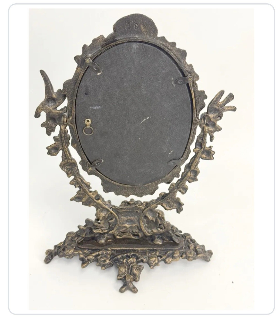 Oval Tabletop Vanity Mirror w/ Stand, Bronze Metal Frame, Cherubs 12 in