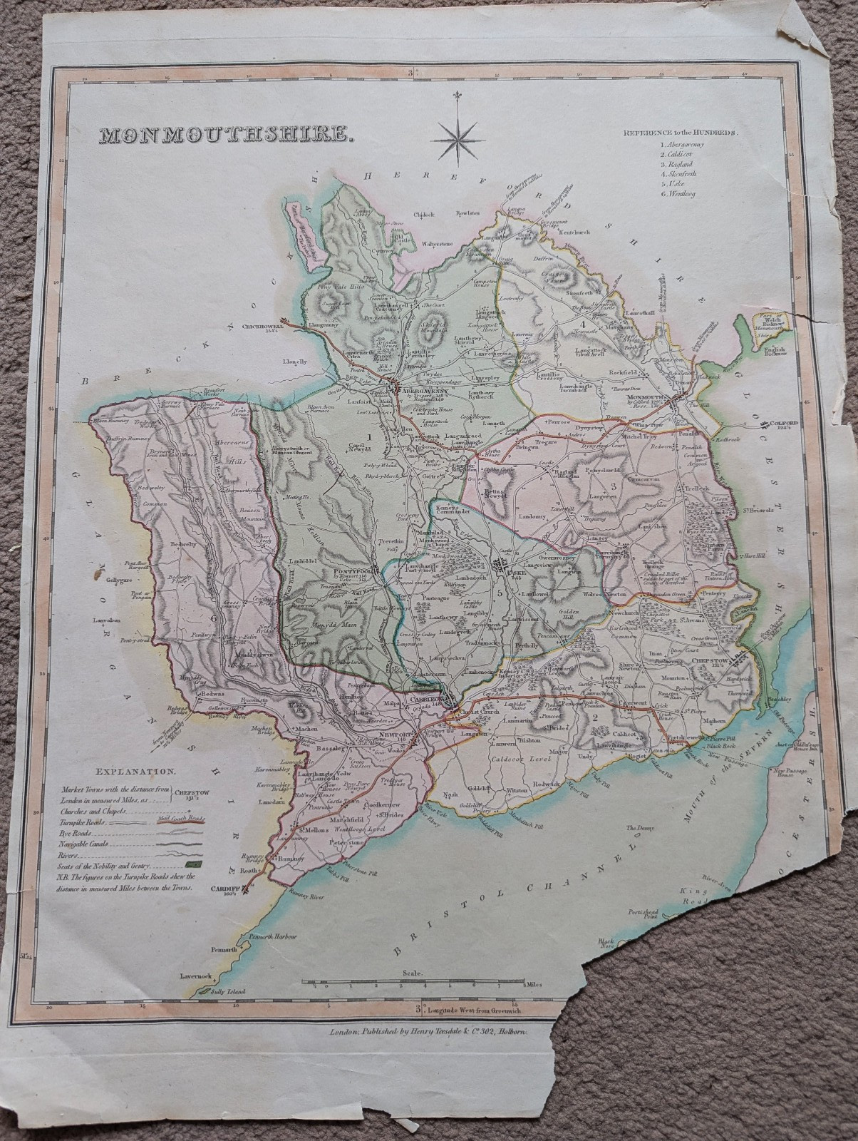 Monmouthshire County Map 1834 Henry Teesdale London Hand Coloured Damaged