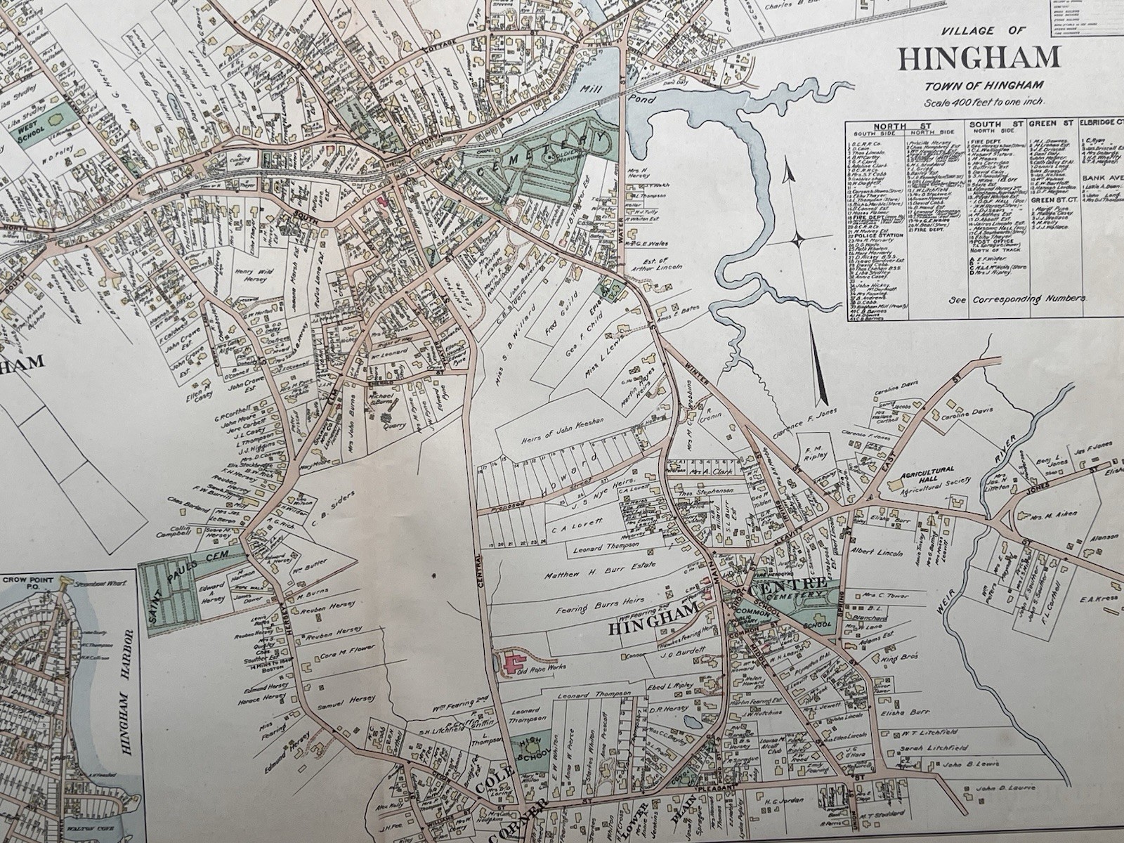 Orig 1903 Hingham Map,Centre,Harbor,Mill Cushing Pond,Broad Cove,Crow Pt,MA Mass