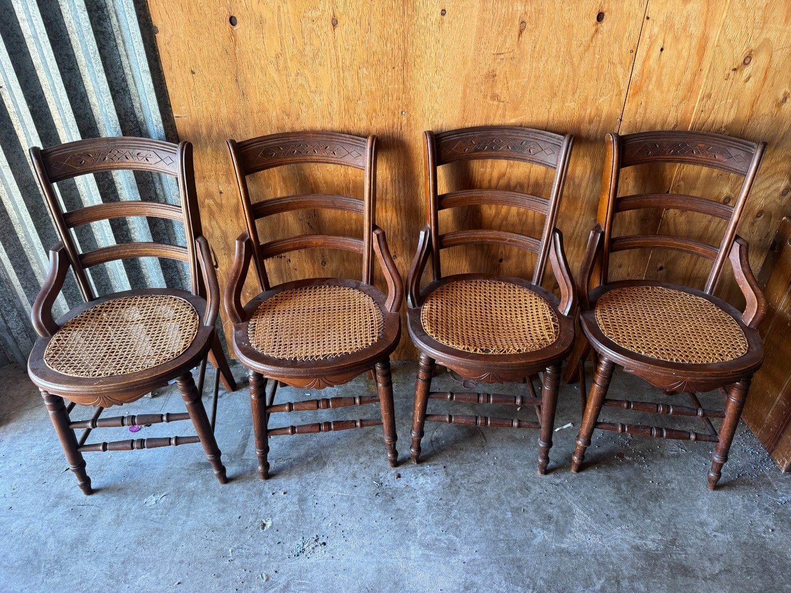 Set of 4 Antique Victorian Pressed Back Dining Chairs w/ Original Cane Seats