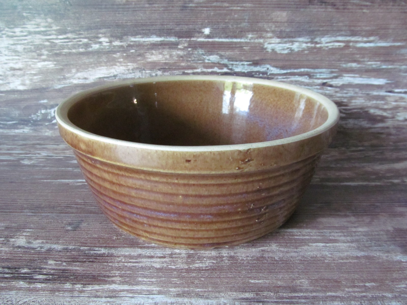 Antique USA Brown Ribbed Stoneware Primitive Pottery Heavy Mixing Bowl Farmhouse