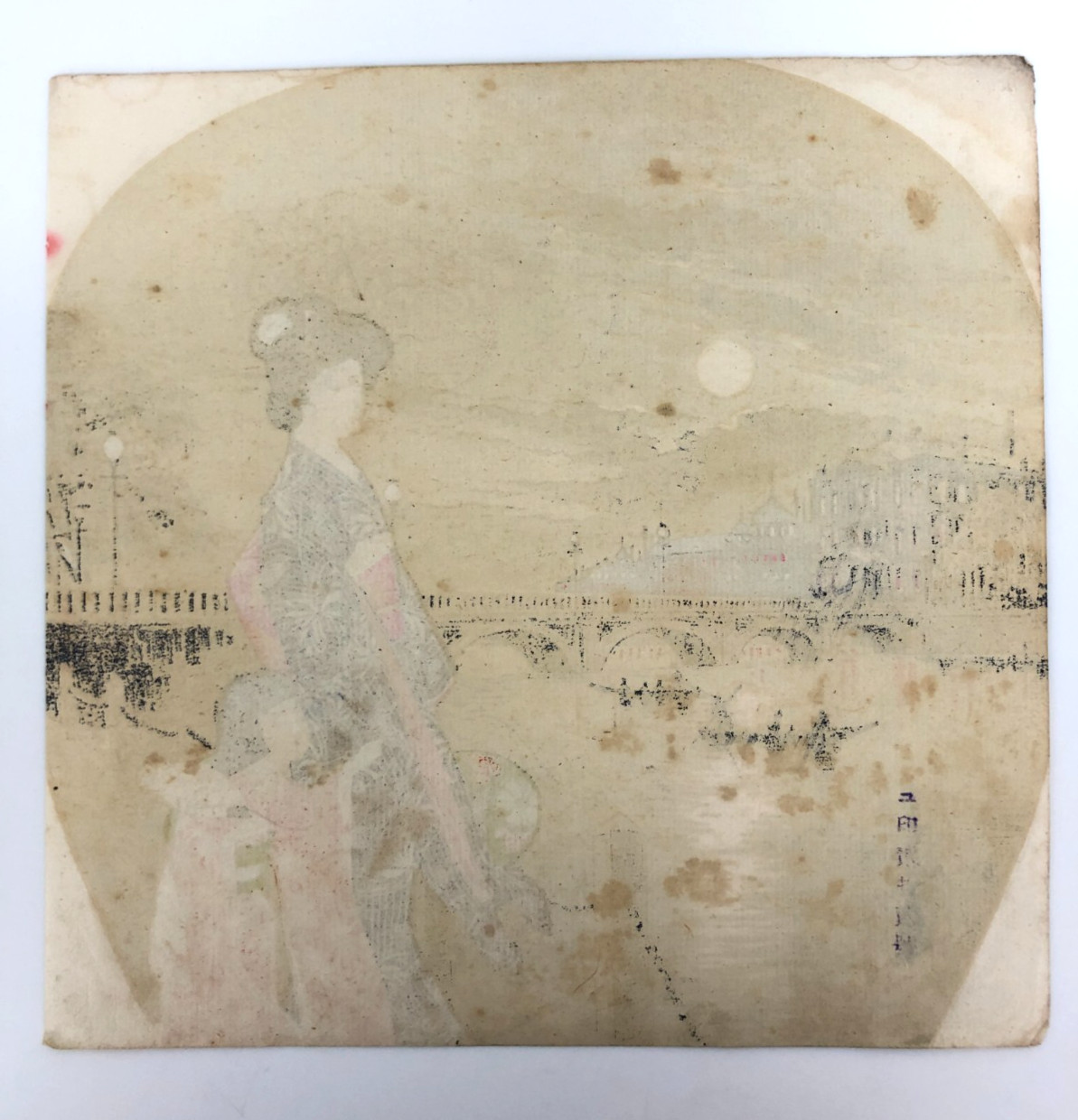 Lithograph: Fan painting woman and child gazing at moon near the bridge Ukiyo-e