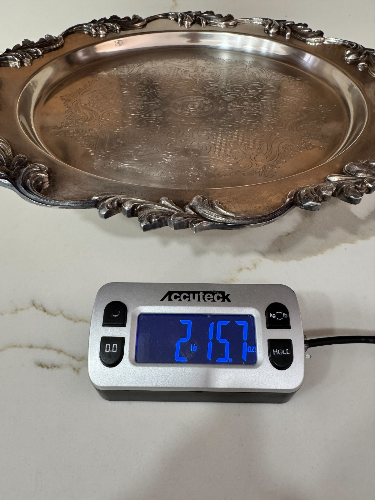 Silverplated Round Serving Tray Ornate Scroll Edge Etched Floral Center 14.5″