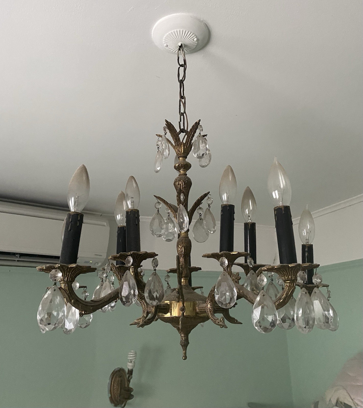 Vintage Ornate Dark Patina Spanish Brass & Crystal Chandelier 5 Arm 10 Light